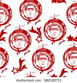 Seamless vector illustration with plaster heads in helmets of cosmonauts of the USSR and stars with ribbons.Vector illustration in the style of the Soviet Union.