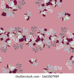 Seamless vector illustration with poinsetia flowers and mistletoe berries on a pink background. For textile decoration, packaging, web design.