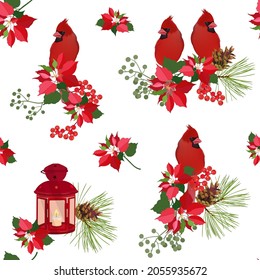 Seamless vector illustration with poinsettia flowers, christmas flashlight, pine branch and bird cardinal on a white background. Christmas symbol. For textile decoration, packaging, web design.