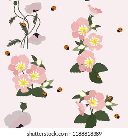 Seamless vector illustration with poppies, bindweed and ladybugs. For decorating textiles, packaging, covers, web design.