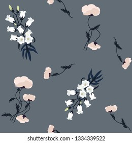 Seamless vector illustration with poppies and campanula on a dark background. For decorating textiles, packaging, web design.
