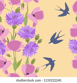 Seamless vector illustration with poppies, cornflowers and swallows. For decorating textiles, packaging and wallpaper.