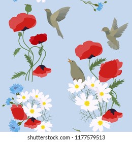 Seamless vector illustration with poppies, cornflowers and birds on a blue background. For decoration of textiles, packaging and web design.