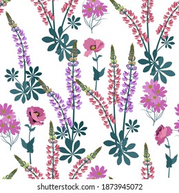 Seamless vector illustration with poppies and lupine on a white background. For decorating textiles, packaging, web design.