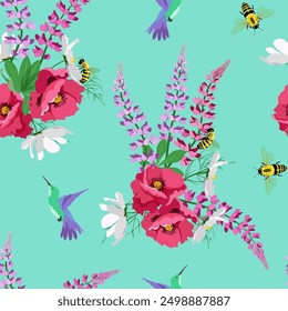 Seamless vector illustration with poppy, lupines, birds and bees on a turquoise background. To decorate textiles, packaging.