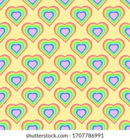 Seamless vector illustration of a rainbow heart on a yellow artistic background. Holiday template.