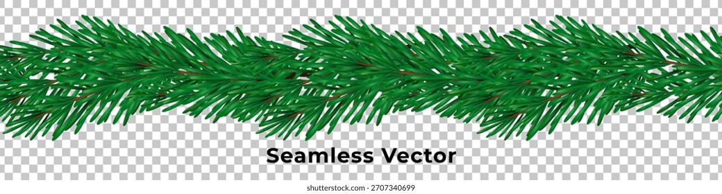 Ilustración vectorial sin fisuras de un borde verde realista de la guirnalda del árbol de Navidad, perfecto para los diseños de vacaciones y las decoraciones festivas.