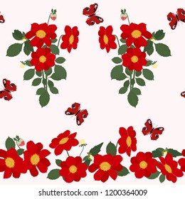 Seamless vector illustration with red dahlias and butterflies on a white background. For decorating textiles, packaging, covers, web designs.