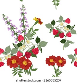 Seamless vector illustration with red marigolds and raspberries on a white background. For decorating textiles, packaging, paper.