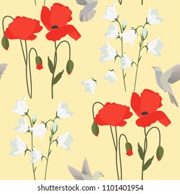 Seamless vector illustration with red poppies, bells and birds on a yellow background. For decorating textiles, packaging and web design.