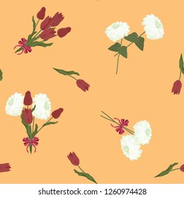 Seamless vector illustration with red tulips and chrysanthemums. For decorating textiles, packaging, web design.