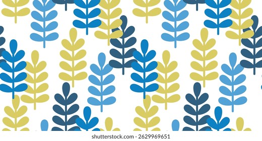 Seamless vector illustration of a repeating leaf pattern on a white background. Ideal for eco-friendly designs, textiles and digital projects requiring a nature theme.