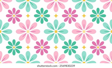 Seamless vector illustration of repeating stylized flowers in pink, green, teal, with yellow centers and small diamonds. Suitable for textiles, wallpapers, and other decorative projects