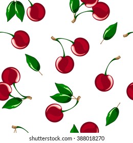 Seamless vector illustration of ripe cherries on a white background. Berries with stems and green leaves.