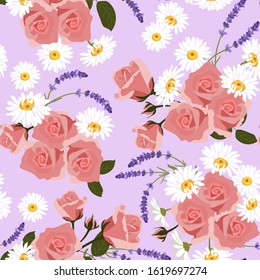 Seamless vector illustration with roses, chamomile, lavender on a lilac background. For textile decoration, packaging, web design.