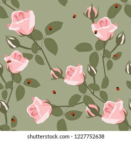 Seamless vector illustration with roses and ladybugs on a green background. For decoration of textiles, packaging, web design.