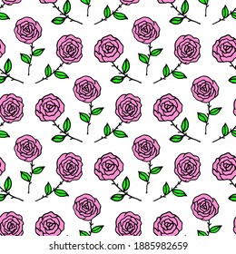Patrón floral sin fisuras con rosas sobre fondo blanco.
