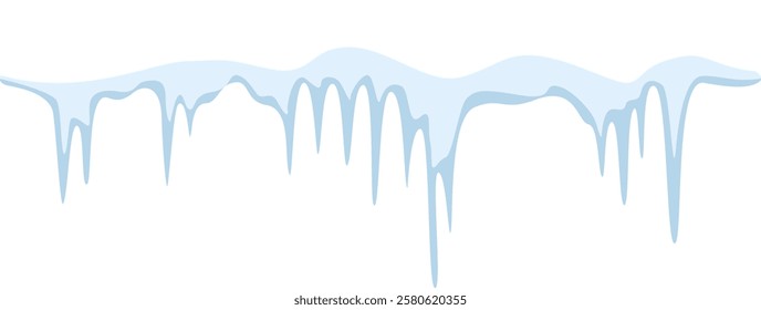 Seamless vector illustration of a row of icicles hanging from a snowy roof, creating a winter wonderland scene, perfect for holiday decorations and festive designs