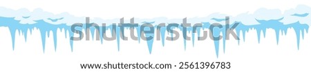 Seamless vector illustration of a row of icicles dripping, hanging from snow and ice with white background, perfect for winter and christmas decorations