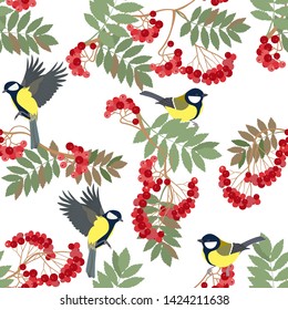 Ilustración vectorial transparente con bayas de rowan y aves de ratón sobre un fondo blanco. Para la decoración de textiles, embalajes, papel pintado.