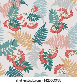 Seamless vector illustration with rowan berries and leaf fern on a grey background. For decoration of textiles, packaging, wallpaper.