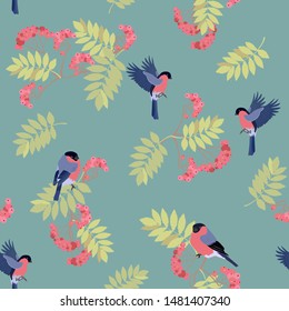 Seamless vector illustration with rowan branches and birds on a dark background. For textile decoration, packaging, web design.