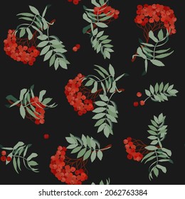 Seamless vector illustration with rowan branches on a black background. For decorating textiles, packaging for cosmetics, health products.