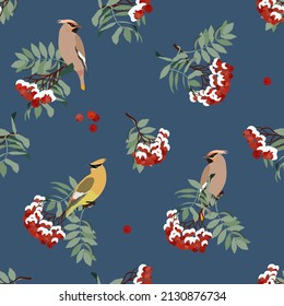 Ilustración vectorial sin foco con ramas de rowan, copos de nieve y cera sobre un fondo azul. Para decorar textiles, embalajes, productos de año nuevo.