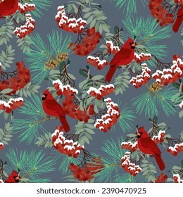 Seamless vector illustration with rowan branches, fir tree, bird cardinal. For decorating textiles, packaging for cosmetics, new year products.