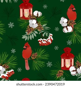Seamless vector illustration with rowan branches, Christmas flashlight, pine branch and bird cardinal on a green background. Christmas symbol. For textile decoration, packaging, web design.
