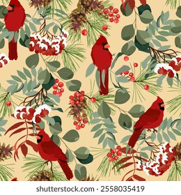 Seamless vector illustration with rowan branches, fir tree, holly berry, eucalyptus and birds. For decorating textiles, packaging, for new year products.