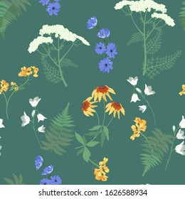 Seamless vector illustration with rudbeckia, yarrow and campanula on a green background. For decoration of textiles, packaging, web design.