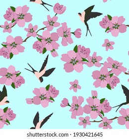 Seamless vector illustration with sakura branches and swallow. For decoration of textiles, packaging, wallpaper.