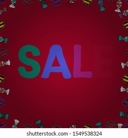 Seamless. Vector illustration. Sale tags set on a blue, purple and red background. Lettering. Illustration in blue, purple and red colors.