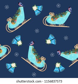 Seamless vector illustration with Santa Claus sled and bells on a blue background. For decoration of textiles, packaging and web design.