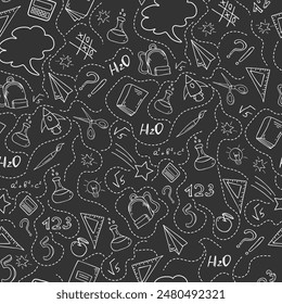 Ilustración vectorial sin costuras con útiles escolares en estilo doodle para telas textiles, papel de embalaje y diseño de Fondo de pantalla para Sitios web. Ilustración vectorial sobre fondo negro.