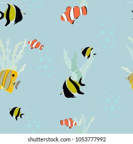 Seamless vector illustration with sea exotic fish and seaweed on a light gray background. For decorating textiles, packaging, wallpapers, web design.