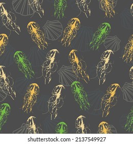Seamless vector illustration with sea jellyfish on a dark background.   Seamless marine background with orange, pink, blue and green jellyfish.
