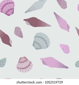 Seamless vector illustration with sea shells in pastel colors. For decorating textiles, packaging and wallpaper.