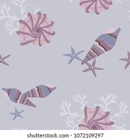 Seamless vector illustration with sea shells and starfish in pastel colors. For decorating textiles, packaging and wallpaper.