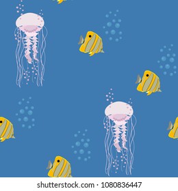 Seamless vector illustration with sea tropical fish and jellyfish on a blue background. For decorating textiles, packaging and web design.