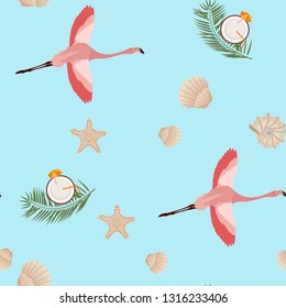 Seamless vector illustration with seashell and flamingos on a blue background. For decorating textiles, packaging, wallpaper.