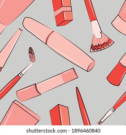 Seamless vector illustration of a set of cosmetics for makeup. Makeup brushes, lipstick, mascara, foundation, gloss, eyebrow powder.