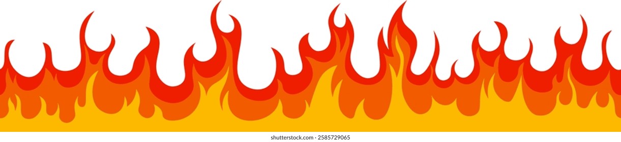 Seamless vector illustration set of horizontal fire flames creating a blazing banner of heat, burn, wildfire silhouette, flammable elements, hot flaming border