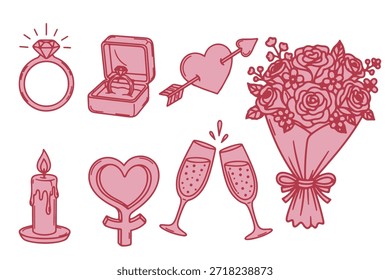 A seamless vector illustration set of wedding icons and accessories featuring pink heart doodles, floral decorations, and celebration elements for a romantic love card design or holiday gift pattern