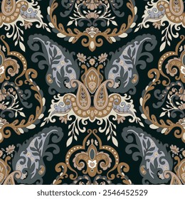 Seamless vector illustration showcasing a traditional paisley design in vintage style, ideal for fabric and decorative projects.