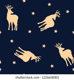 Seamless vector illustration with silhouette of deer and stars on a dark blue background. For decoration of textiles, packaging, web design.