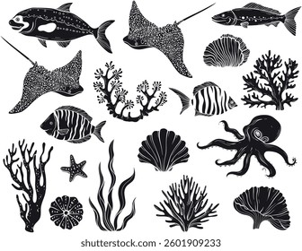 A seamless vector illustration with silhouette underwater scene with tropical fish, coral reefs, seaweed, and marine flora