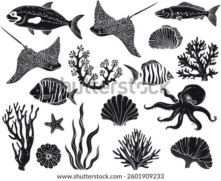 A seamless vector illustration with silhouette underwater scene with tropical fish, coral reefs, seaweed, and marine flora