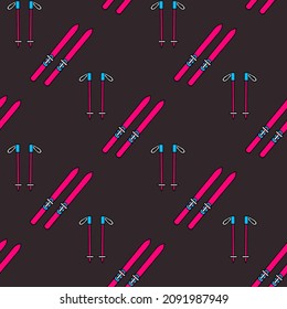 Seamless vector illustration with skis and ski poles. Winter sport. Vector image.